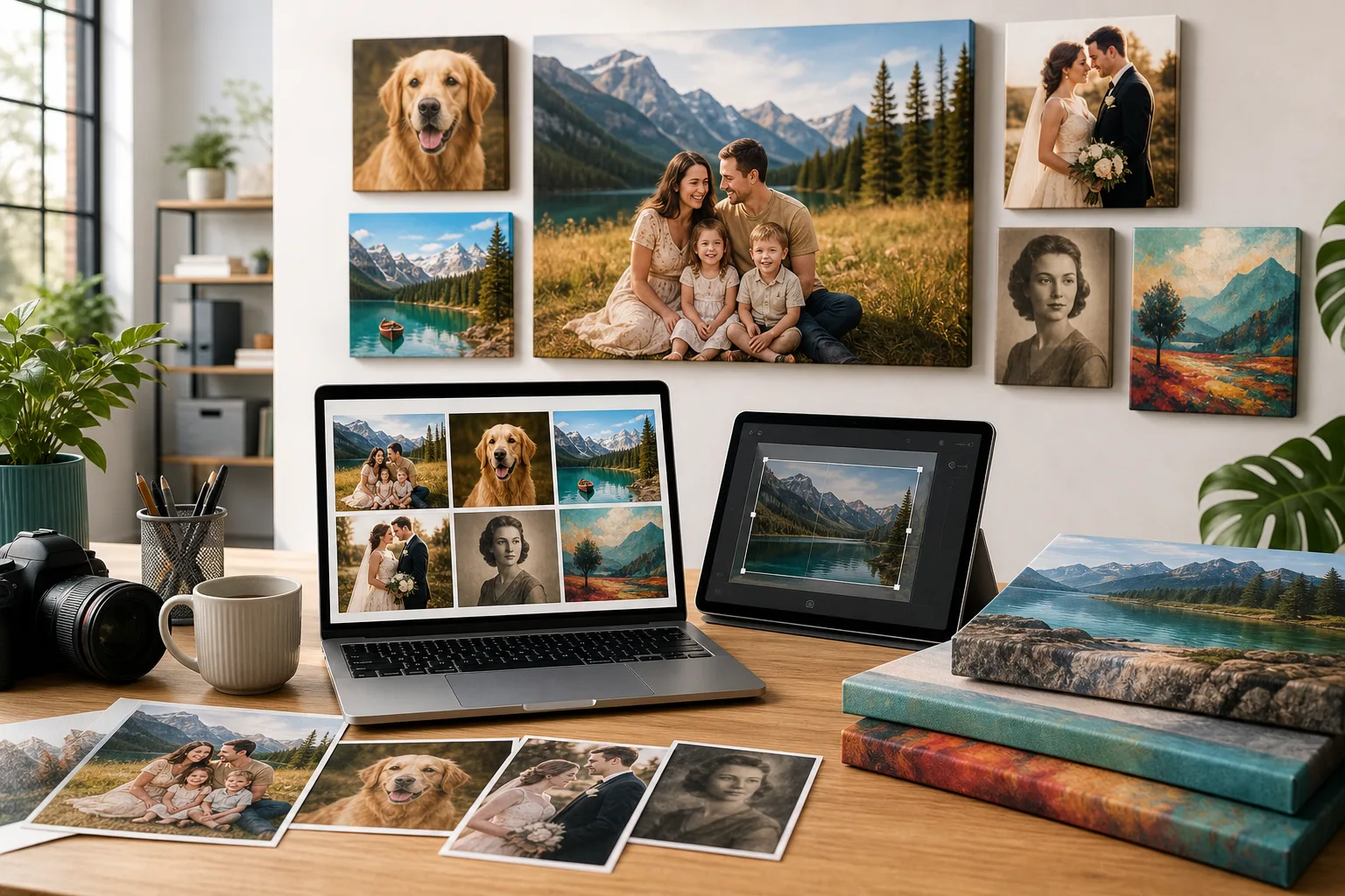Photo selection workspace with family, pet, wedding, travel, restored photo, AI art, and finished canvas prints