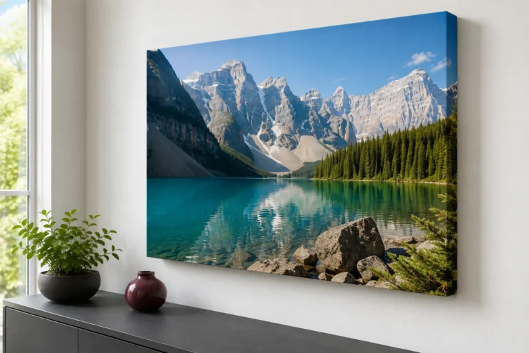 Unframed gallery-wrapped mountain-lake canvas displayed above a console; AI-generated illustration.