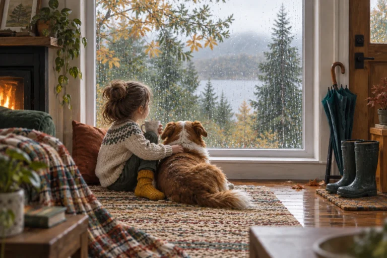 Child sitting with a dog beside a rain-speckled window, with boots and an umbrella nearby.
