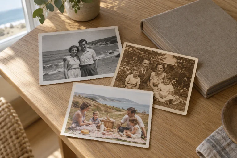 Three different vintage family photographs in black and white, sepia and faded colour beside a photo album.