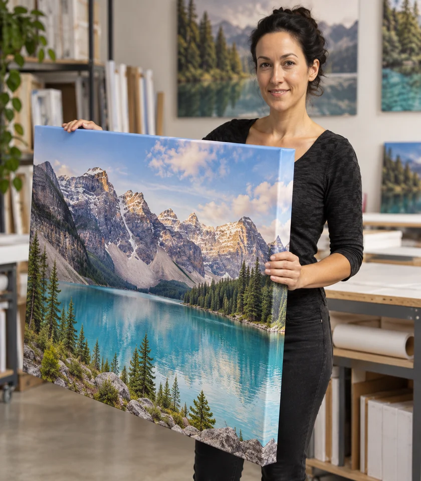 Šárka presenting a gallery-wrapped mountain canvas print